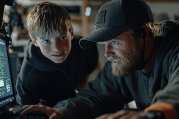 A man and a young boy collaborate on a programming project, focused on a computer screen, in an informal, tech-savvy environment, showcasing learning and mentorship.