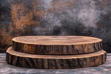 Fototapeta premium Rustic wood pieces podium. Background for perfume, jewellery and cosmetic products. Front view, ai