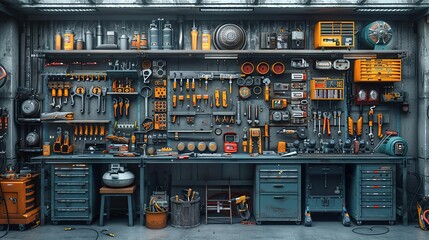 3D Illustration of a Garage Workshop with Tools and Equipment