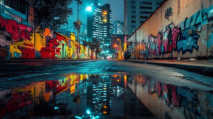 Night street of Sao Paulo, Brazil. A deserted area, modern buildings, street graffiti. Bright lanterns and shadows of skyscrapers, reflections of lights and graffiti in puddles create dynamism.