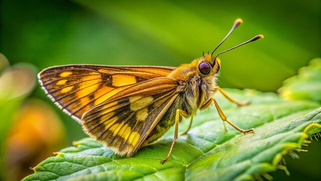 Delicate silver-spotted skipper butterfly with yellow-brown wings, perched on a bright green leaf, showcasing its intricate details and vibrant colors in natural habitat.