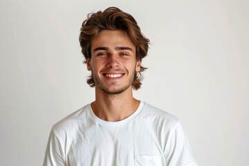 Obraz premium Portrait of a handsome young man in white t shirt on white background