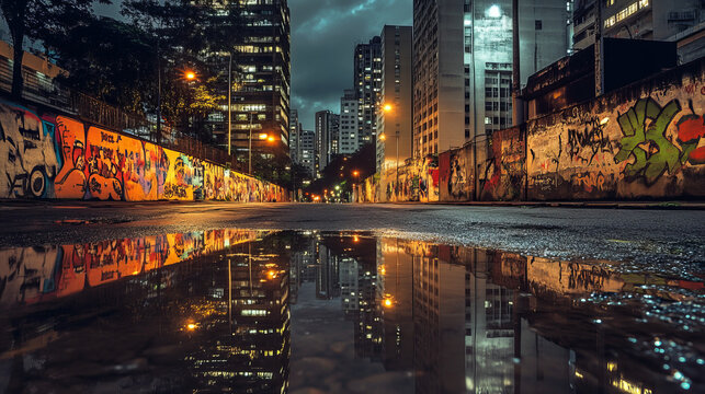 A deserted area, modern buildings, graffiti. Bright street lights and shadows of skyscrapers. Reflections of graffiti and lights in puddles create a dynamic atmosphere.
