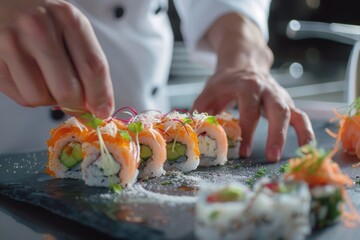Chef preparing sushi rolls with garnishes in kitchen