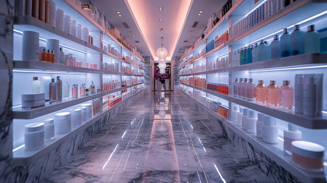  beauty shop in shopping malls. Big sales on Black Friday for Christmas. The large perfumery shop of elite perfumery and cosmetics is washed out. Rack with shelves in a large drogeria