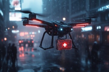 This scene features an advanced drone carrying a red medical package with a white cross. The drone is flying through a rainy city at night, with streetlights and blurry figures in the background.