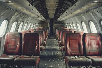 Fototapeta premium Rows of worn red seats stand inside an abandoned and decaying airplane cabin