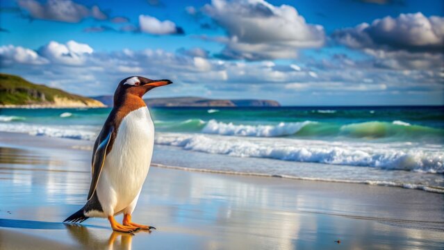 Adorable Gentoo penguin waddles alone on Bertha's Beach, Falkland Islands, with serene ocean and rugged coastline in the background on a sunny day.