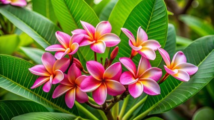 Delicate pink frangipani flowers, also known as plumeria, bloom amidst lush green leaves, exuding a sweet, tropical aura and evoking feelings of serenity and tranquility.