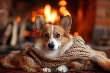 Cute corgi by fireplace wearing cozy scarf. winter warmth concept, pet under the plaid in cold weather. Copy space
