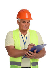 Engineer in hard hat with pen and clipboard on white background