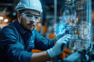 An engineer wearing a helmet and protective glasses examines a futuristic holographic interface in a high-tech lab, showcasing cutting-edge technology and innovation.