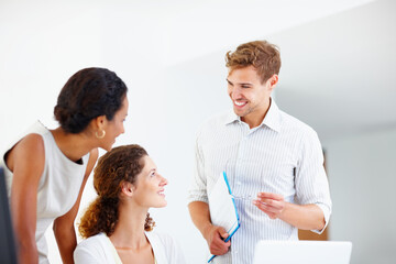 Collaboration, meeting and development with business people in web design office for planning together. Discussion, laptop and programming with designer team in workplace for software engineering