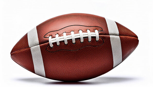 A perfectly shaped classic brown American football with white stripes on a clean white background image.
