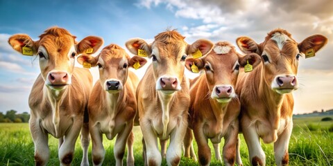 Adorable young cows with gentle eyes and soft fur, exploring their surroundings, perfect for dairy industry, veterinary services, agricultural promotions, and farm-themed projects.