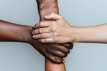 Three hands of diverse skin colors joining in unity, symbolizing teamwork, equality, and collaboration, representing human connection and community strength working together.