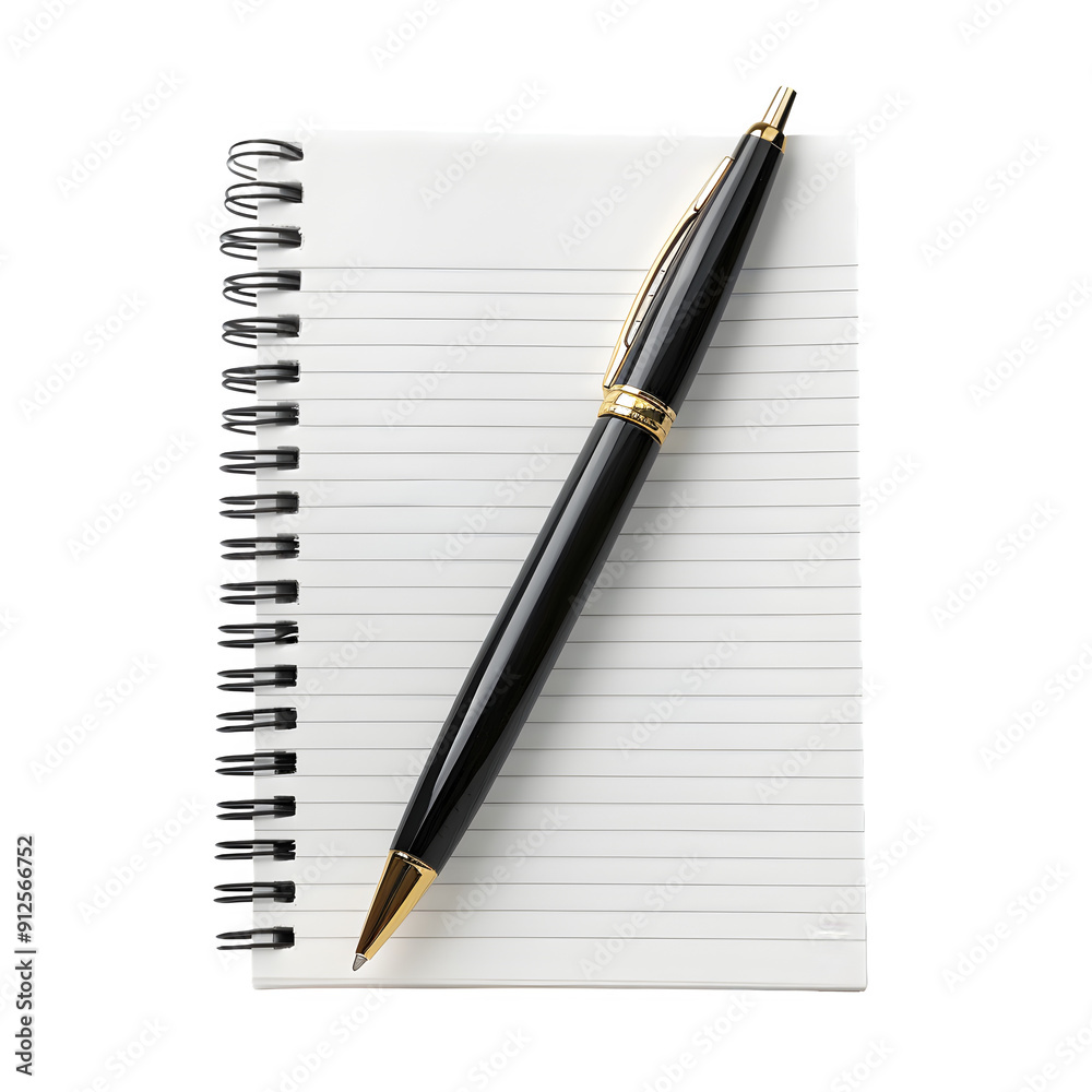Poster Black pen is placed on top of a spiral notebook with lined pages, set against a clear background