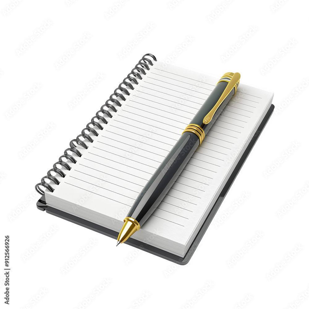 Poster Black pen resting on a spiral notepad with lined pages and a transparent background