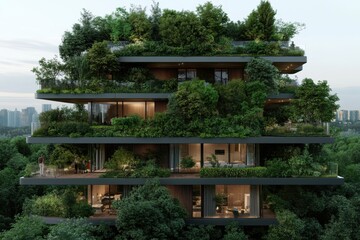 A contemporary multi-storey apartment building with lush green rooftop gardens, seamlessly blending architecture with nature in an urban environment, symbolizing eco-living.