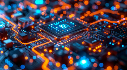 A computer chip is shown in a close up with a bright orange and blue color scheme