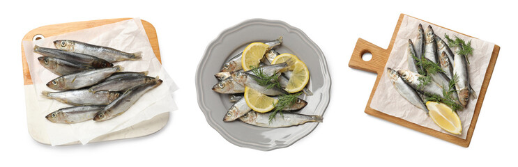 Set of fresh raw sprats isolated on white, top view