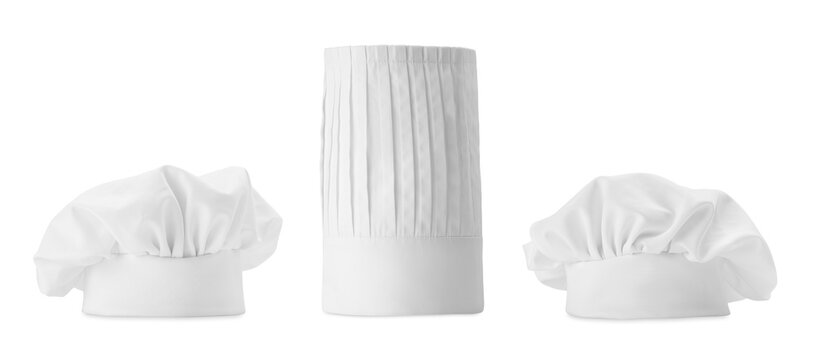 Chef hat isolated on white, collage. Uniform