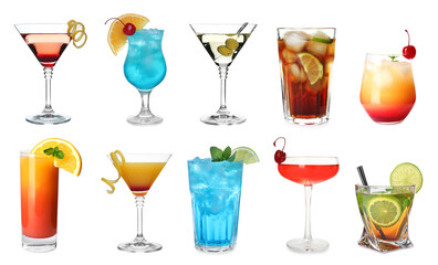 Many different cocktails in glasses isolated on white, collection