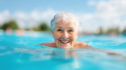 Fototapeta premium Senior radiates happiness during a lively water aerobics class.