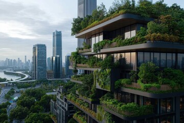 Multi-story building with extensive greenery on terraces and balconies, overlooking a city skyline with skyscrapers and vegetation-integrated architecture.