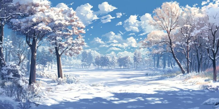 Serene Snowscape Embracing the Season's Charm with a High-Fidelity Hand-drawn Illustration, Capturing the Essence of Winter in a Restful Anime-Style, Abstract Concept Art for Gaming and Immersive Stor