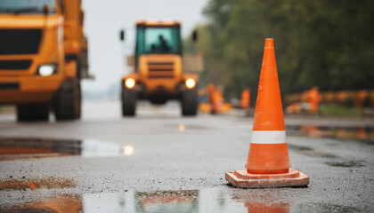 Orange traffic road cone on wet asphalt with blurred heavy machinery. Active construction site.