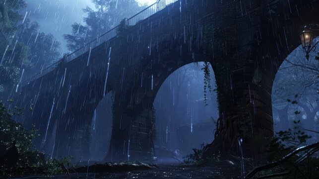 A tranquil setting of a bridge enveloped in rain and mist, framed by dense greenery and twilight ambiance - Powered by Adobe