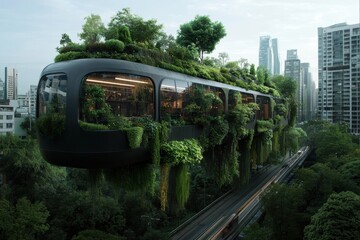 Naklejka premium A futuristic train entirely covered in greenery traverses a city's lush environment, emphasizing the harmony between advanced technology and nature within this urban jungle.
