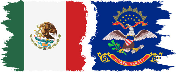 North Dakota and Mexico grunge brush flags connection, vector