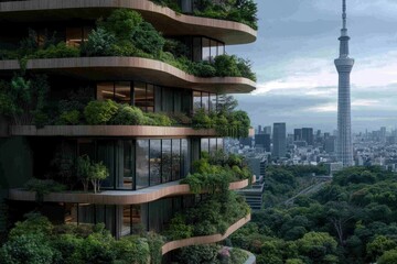 High-rise building featuring lush green terraces and a view of a cityscape dominated by modern skyscrapers and a famous tower in the backdrop.