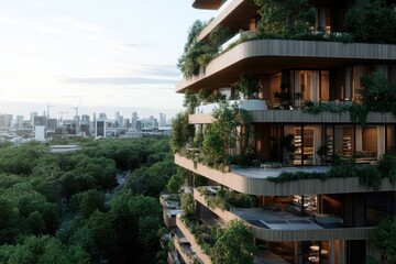 Fototapeta premium An innovative urban high-rise, wrapped in green flora, stands out against the cityscape, emphasizing the intersection of modern architecture with eco-friendly living solutions.