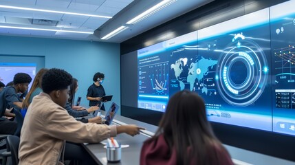 Students using laptops and tablets to analyze data projections on a large digital screen in a modern classroom.