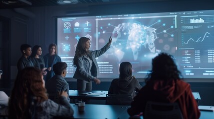 Business professionals engaging in a meeting, analyzing data and world map on a high-tech interactive screen in a dark room.
