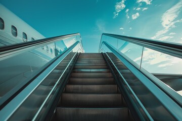 Fototapeta premium Empty escalator leading to airplane boarding against blue sky with clouds