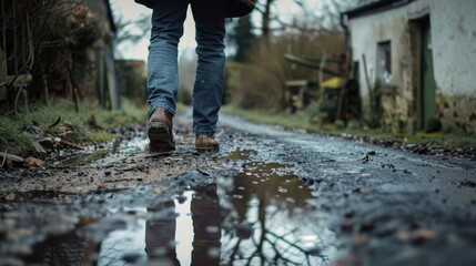 A person walks down a wet country path with puddles reflecting the surroundings on a dreary day