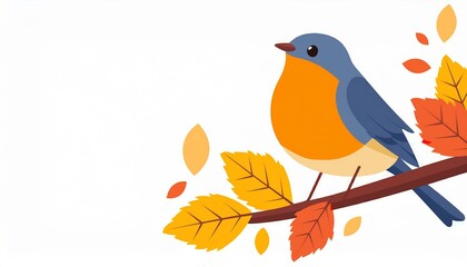 Fototapeta premium Cute bird on branch in flat design. Birdie sits on autumn leaves twig. Vector illustration isolated. Template, invitation or greeting cad