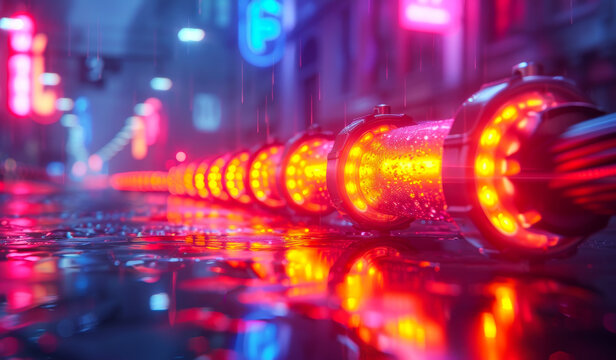 A long line of neon lights are reflected in the water - Powered by Adobe