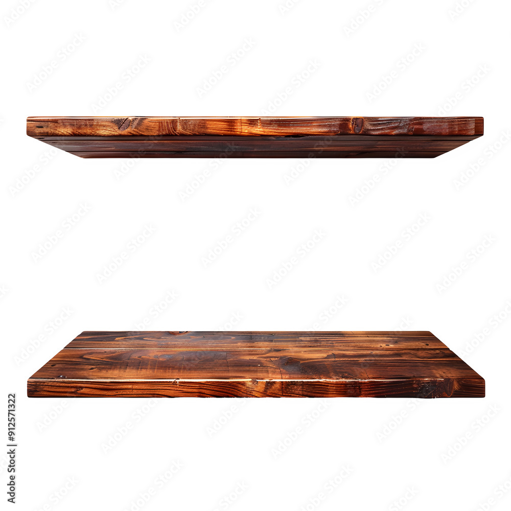 Poster two wooden shelves isolated on a transparent background, perfect for product display or design proje