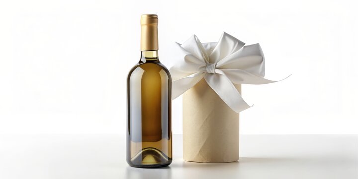 A elegant wine bottle wrapped in crisp white paper, standing upright on a pure white background, waiting to be personalized with your label or design.