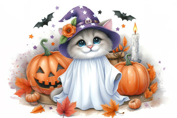 A cute watercolor illustration with a Halloween theme featuring a white cat wearing a witch hat and a yellow pumpkin.