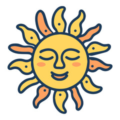 A smiling sun with a cheerful expression, featuring bright yellow rays and a whimsical, cartoon-like design