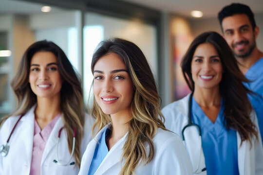 Positive chief doctor woman posing for group portrait with diverse medical professional colleagues