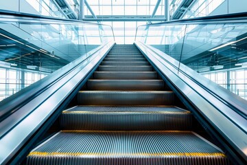 Modern escalator going up to the top floor in an empty building with glass windows