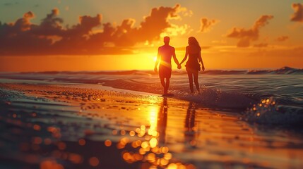 Fototapeta premium A romantic couple holding hands and walking along a picturesque beach at sunset