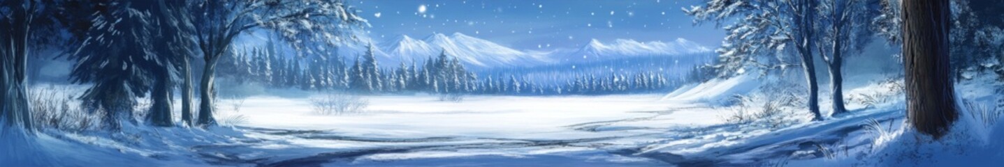 Obraz premium Tranquil Snowscape Serenity: A High-Fidelity Hand-Drawn Illustration Capturing the Season's Charm with a Blanket of Snow and the Freshness of Winter Air in Anime Style